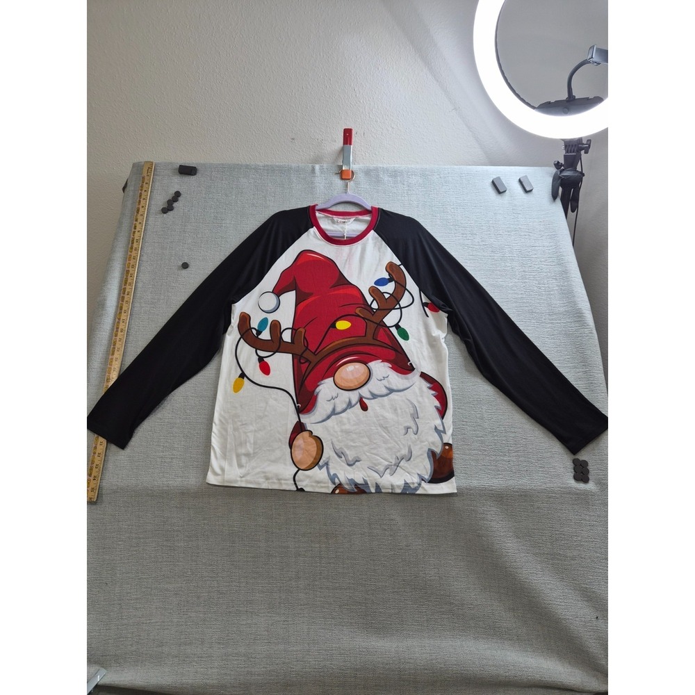PatPat Shirt Mens L White Black Antlers Raglan Sleeve Christmas Gnome Reindeer
